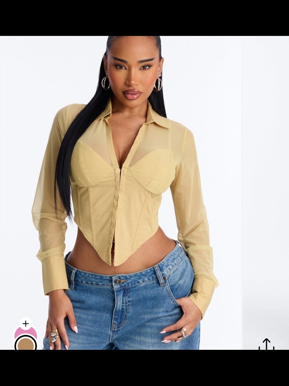 Fashion Nova Sheer Corset Button-Front Top in Pale Yellow